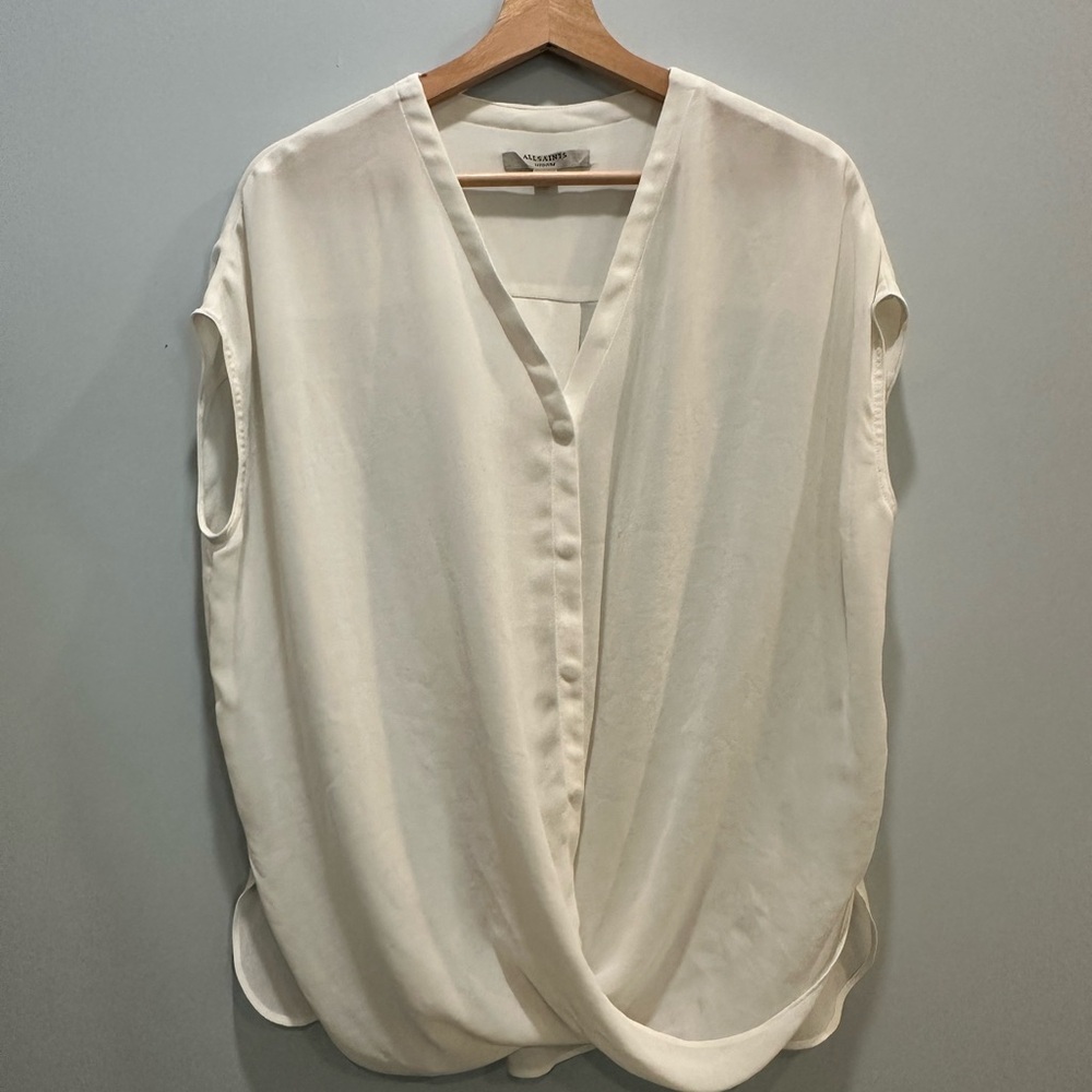 All Saints Silk Cream Cuffed Sleeve Wrap Blouse